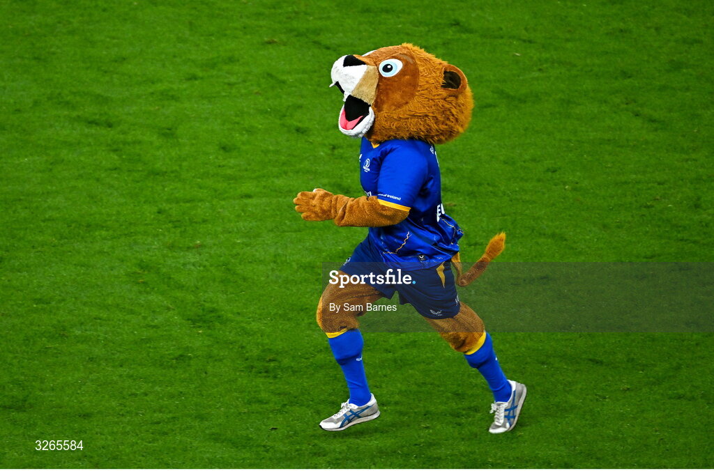 18 October 2025; Leinster mascot Leo the Lion before the United Rugby Championship match between Leinster and Munster at Croke Park in Dublin. Photo by Sam Barnes/Sportsfile