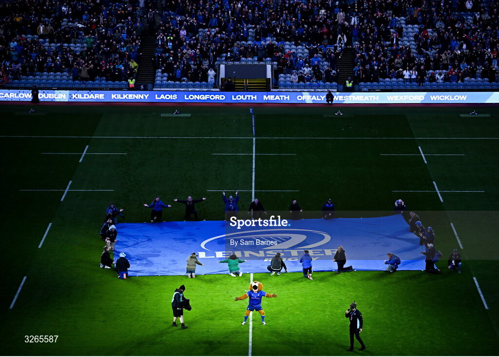 18 October 2025; Leinster mascot Leo the Lion before the United Rugby Championship match between Leinster and Munster at Croke Park in Dublin. Photo by Sam Barnes/Sportsfile