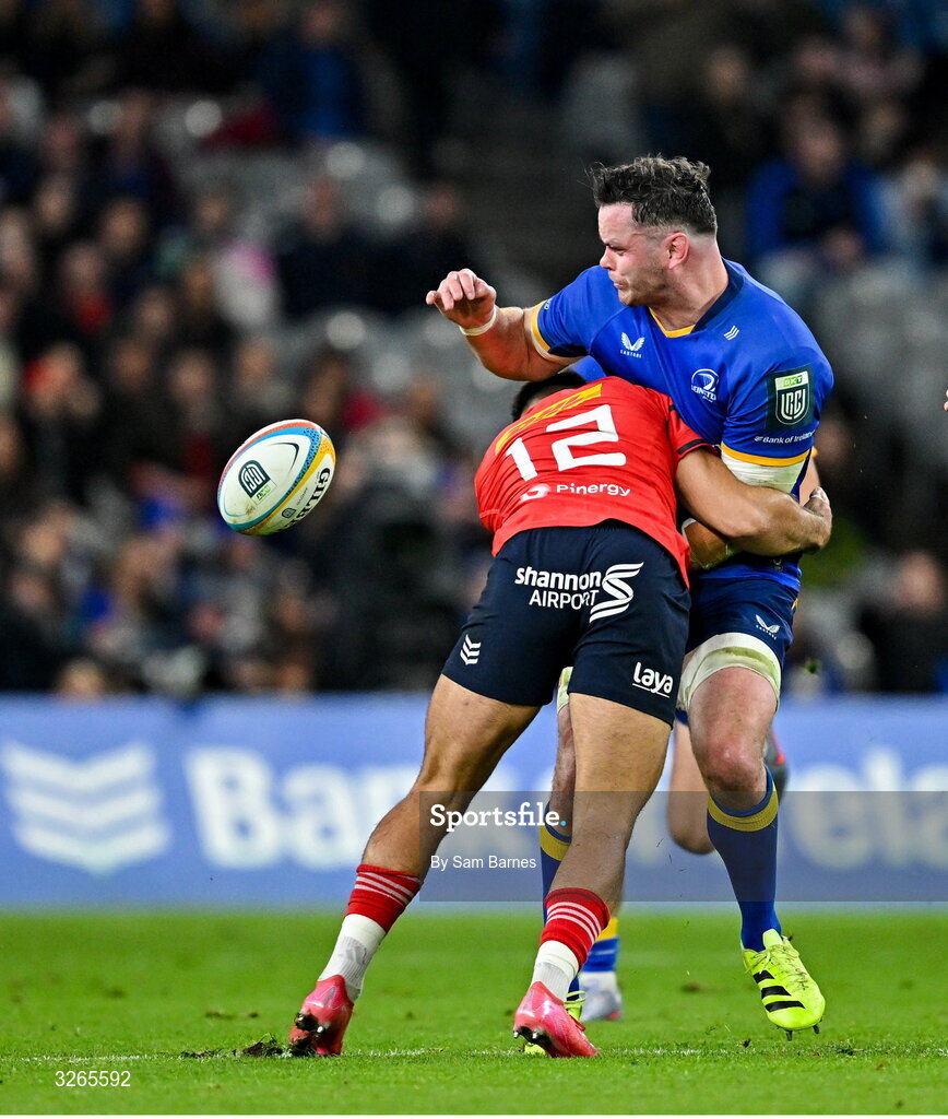 18 October 2025; James Ryan of Leinster is tackled by Dan Kelly of Munster during the United Rugby Championship match between Leinster and Munster at Croke Park in Dublin. Photo by Sam Barnes/Sportsfile