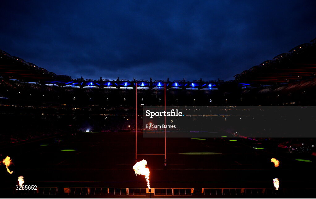 18 October 2025; Half time light show during the United Rugby Championship match between Leinster and Munster at Croke Park in Dublin. Photo by Sam Barnes/Sportsfile