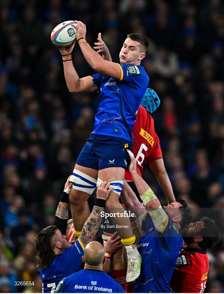 18 October 2025; Brian Deeny of Leinster wins possession from a lineout ahead of Tadhg Beirne of Munster during the United Rugby Championship match between Leinster and Munster at Croke Park in Dublin. Photo by Sam Barnes/Sportsfile