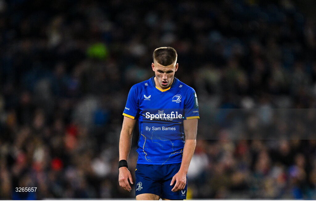 18 October 2025; Sam Prendergast of Leinster during the United Rugby Championship match between Leinster and Munster at Croke Park in Dublin. Photo by Sam Barnes/Sportsfile