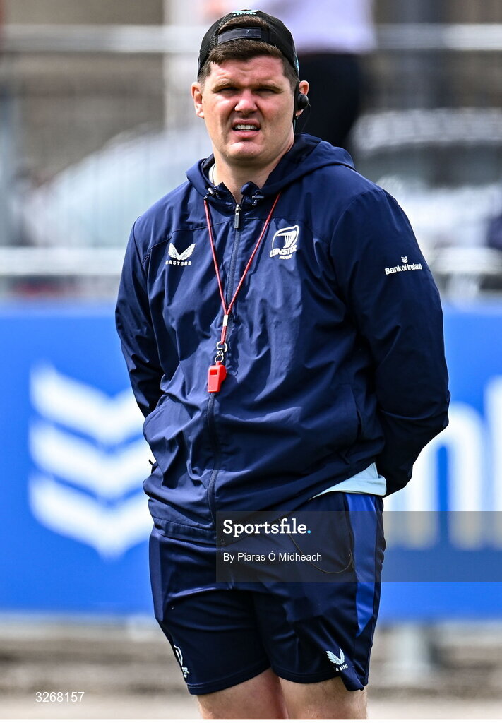 27 August 2025; Leinster head coach Sean Skehan before the PwC U-18 Boys Schools Interprovincial Series match between Leinster and Ulster at Energia Park in Dublin. Photo by Piaras Ó Mídheach/Sportsfile