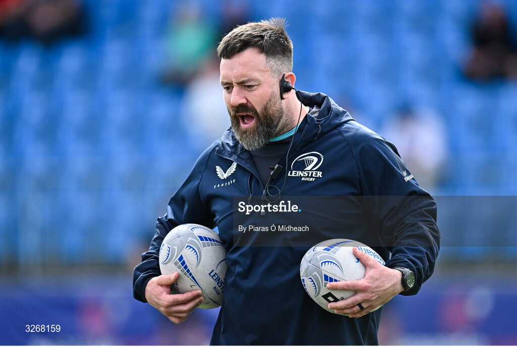27 August 2025; Leinster coach Cathal Bannon before the PwC U-18 Boys Schools Interprovincial Series match between Leinster and Ulster at Energia Park in Dublin. Photo by Piaras Ó Mídheach/Sportsfile