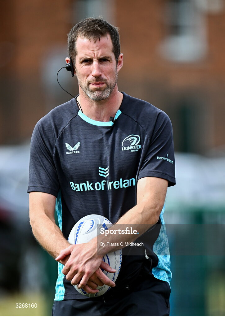 27 August 2025; Leinster coach Wes Carter before the PwC U-18 Boys Schools Interprovincial Series match between Leinster and Ulster at Energia Park in Dublin. Photo by Piaras Ó Mídheach/Sportsfile