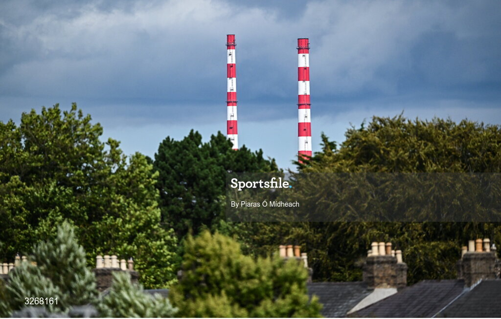 27 August 2025; A general view of the Poolbeg Chimneys in the distance during the PwC U-18 Boys Schools Interprovincial Series match between Leinster and Ulster at Energia Park in Dublin. Photo by Piaras Ó Mídheach/Sportsfile