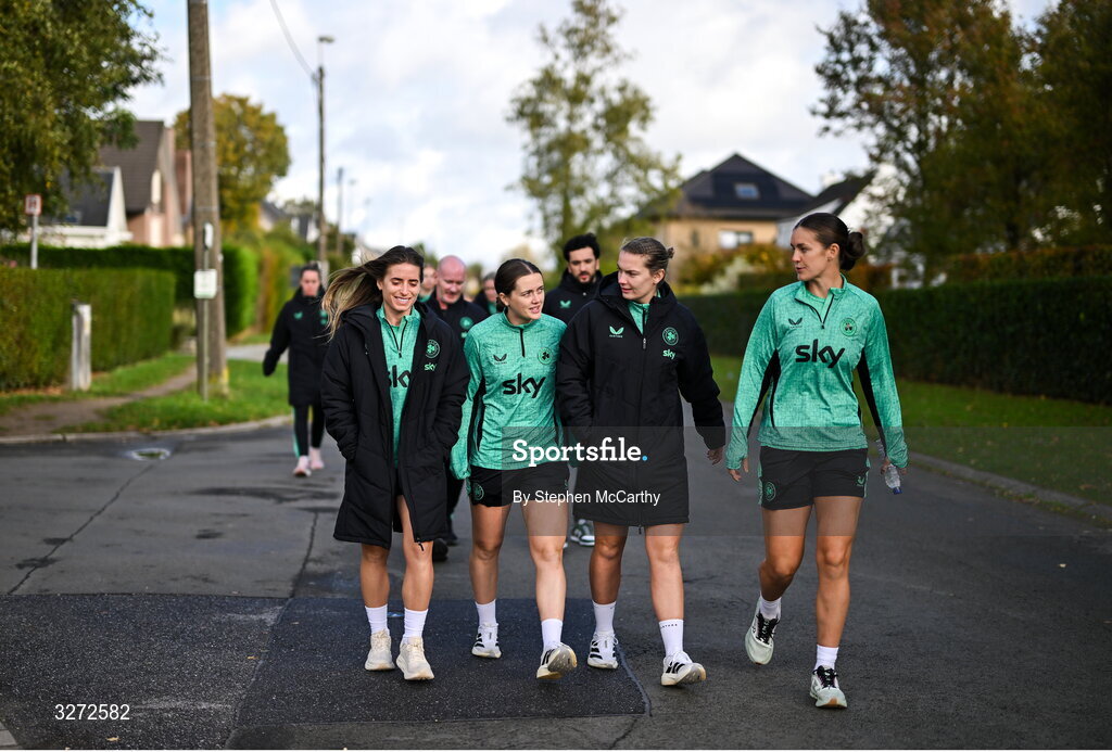28 October 2025; Republic of Ireland players, from left, Chloe Mustaki, Tyler Toland, Saoirse Noonan and Caitlin Hayes during a team walk near their hotel before the UEFA Women's Nations League A/B promotion/relegation play-off second leg match between Belgium and Republic of Ireland at The King Power At Den Dreef Stadium in Leuven, Belgium. Photo by Stephen McCarthy/Sportsfile