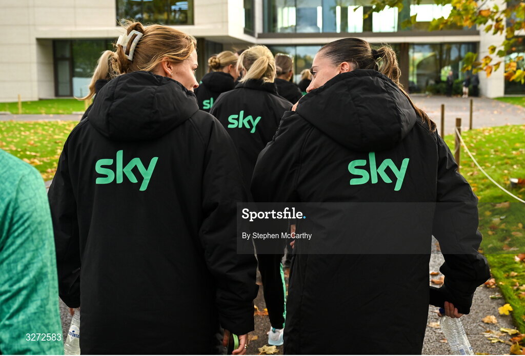 28 October 2025; Republic of Ireland's Abbie Larkin, right, and Ruesha Littlejohn during a team walk near their hotel before the UEFA Women's Nations League A/B promotion/relegation play-off second leg match between Belgium and Republic of Ireland at The King Power At Den Dreef Stadium in Leuven, Belgium. Photo by Stephen McCarthy/Sportsfile