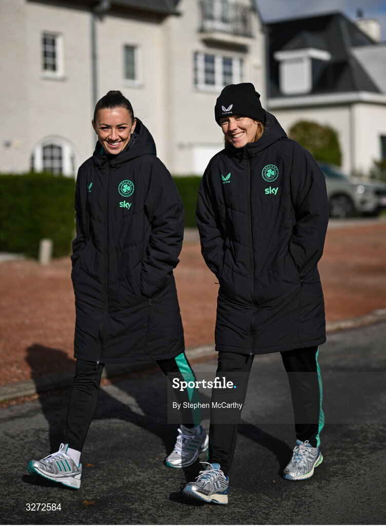 28 October 2025; Republic of Ireland's goalkeeper Grace Moloney, right, and Katie McCabe during a team walk near their hotel before the UEFA Women's Nations League A/B promotion/relegation play-off second leg match between Belgium and Republic of Ireland at The King Power At Den Dreef Stadium in Leuven, Belgium. Photo by Stephen McCarthy/Sportsfile