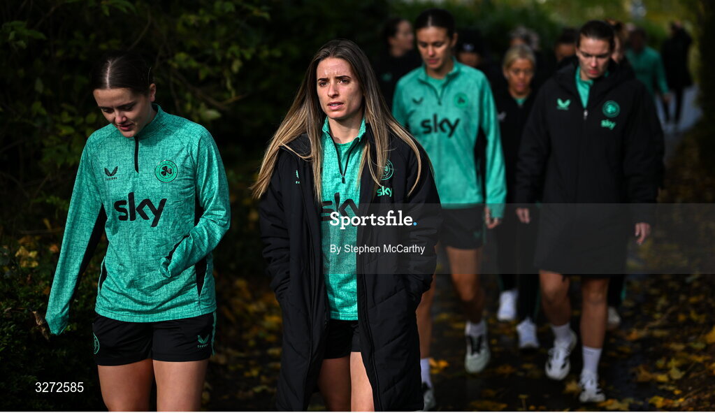 28 October 2025; Republic of Ireland's Chloe Mustaki and Tyler Toland, left, during a team walk near their hotel before the UEFA Women's Nations League A/B promotion/relegation play-off second leg match between Belgium and Republic of Ireland at The King Power At Den Dreef Stadium in Leuven, Belgium. Photo by Stephen McCarthy/Sportsfile