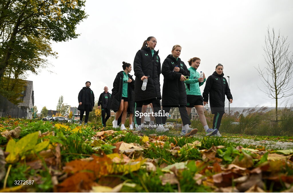 28 October 2025; Republic of Ireland players, from left, Abbie Larkin, Ruesha Littlejohn, Emily Murphy and Lucy Quinn during a team walk near their hotel before the UEFA Women's Nations League A/B promotion/relegation play-off second leg match between Belgium and Republic of Ireland at The King Power At Den Dreef Stadium in Leuven, Belgium. Photo by Stephen McCarthy/Sportsfile