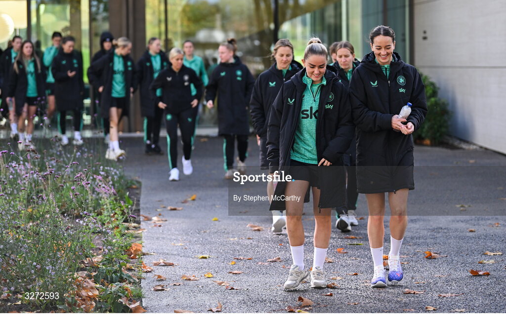 28 October 2025; Republic of Ireland's Jessie Stapleton and Anna Patten, right, during a team walk near their hotel before the UEFA Women's Nations League A/B promotion/relegation play-off second leg match between Belgium and Republic of Ireland at The King Power At Den Dreef Stadium in Leuven, Belgium. Photo by Stephen McCarthy/Sportsfile