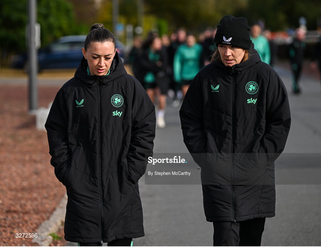 28 October 2025; Republic of Ireland's Katie McCabe and goalkeeper Grace Moloney, right, during a team walk near their hotel before the UEFA Women's Nations League A/B promotion/relegation play-off second leg match between Belgium and Republic of Ireland at The King Power At Den Dreef Stadium in Leuven, Belgium. Photo by Stephen McCarthy/Sportsfile