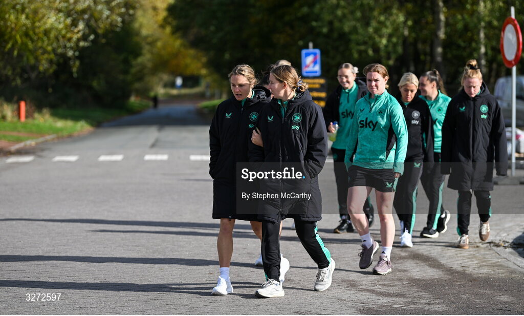 28 October 2025; Republic of Ireland's Kyra Carusa, left, and goalkeeper Sophie Whitehouse during a team walk near their hotel before the UEFA Women's Nations League A/B promotion/relegation play-off second leg match between Belgium and Republic of Ireland at The King Power At Den Dreef Stadium in Leuven, Belgium. Photo by Stephen McCarthy/Sportsfile