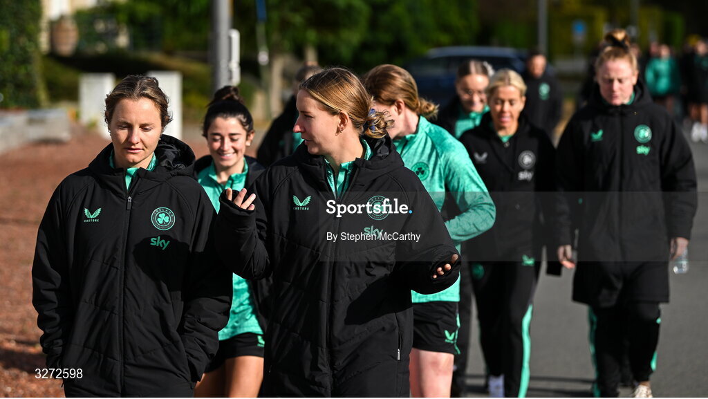 28 October 2025; Republic of Ireland's Kyra Carusa, left, and goalkeeper Sophie Whitehouse during a team walk near their hotel before the UEFA Women's Nations League A/B promotion/relegation play-off second leg match between Belgium and Republic of Ireland at The King Power At Den Dreef Stadium in Leuven, Belgium. Photo by Stephen McCarthy/Sportsfile