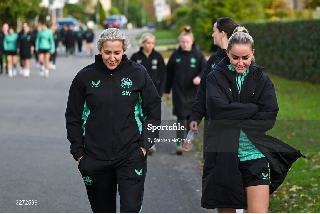 28 October 2025; Republic of Ireland head coach Carla Ward and Jessie Stapleton during a team walk near their hotel before the UEFA Women's Nations League A/B promotion/relegation play-off second leg match between Belgium and Republic of Ireland at The King Power At Den Dreef Stadium in Leuven, Belgium. Photo by Stephen McCarthy/Sportsfile