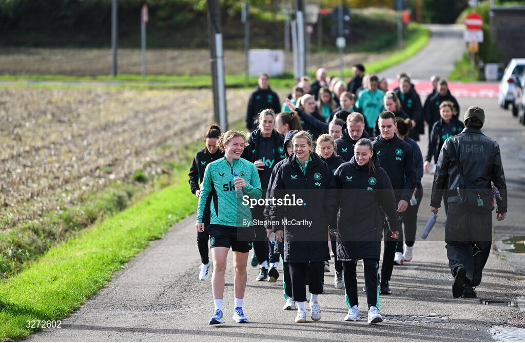 28 October 2025; Republic of Ireland players, including Emily Murphy, Ruesha Littlejohn and Abbie Larkin during a team walk near their hotel before the UEFA Women's Nations League A/B promotion/relegation play-off second leg match between Belgium and Republic of Ireland at The King Power At Den Dreef Stadium in Leuven, Belgium. Photo by Stephen McCarthy/Sportsfile