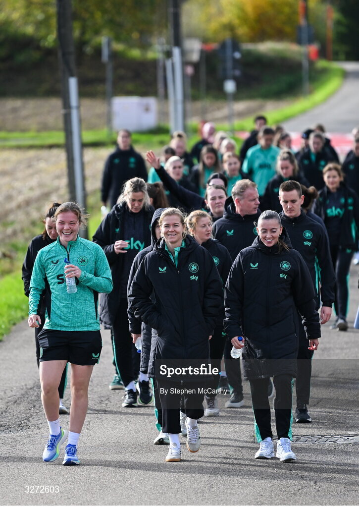 28 October 2025; Republic of Ireland players, including Emily Murphy, Ruesha Littlejohn and Abbie Larkin during a team walk near their hotel before the UEFA Women's Nations League A/B promotion/relegation play-off second leg match between Belgium and Republic of Ireland at The King Power At Den Dreef Stadium in Leuven, Belgium. Photo by Stephen McCarthy/Sportsfile