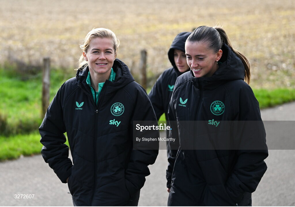 28 October 2025; Republic of Ireland's Ruesha Littlejohn and Abbie Larkin, right, during a team walk near their hotel before the UEFA Women's Nations League A/B promotion/relegation play-off second leg match between Belgium and Republic of Ireland at The King Power At Den Dreef Stadium in Leuven, Belgium. Photo by Stephen McCarthy/Sportsfile