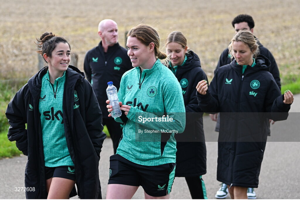 28 October 2025; Republic of Ireland's Marissa Sheva and Aoife Mannion, right, during a team walk near their hotel before the UEFA Women's Nations League A/B promotion/relegation play-off second leg match between Belgium and Republic of Ireland at The King Power At Den Dreef Stadium in Leuven, Belgium. Photo by Stephen McCarthy/Sportsfile