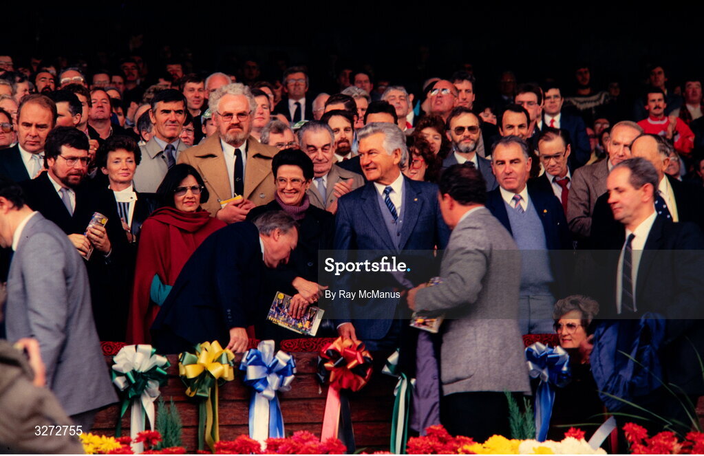 18 October 1987; Australian prime minister Robert Hawke takes his seat for the International Rules Series First Test match between Ireland and Australia at Croke Park in Dublin. Photo by Ray McManus/Sportsfile
