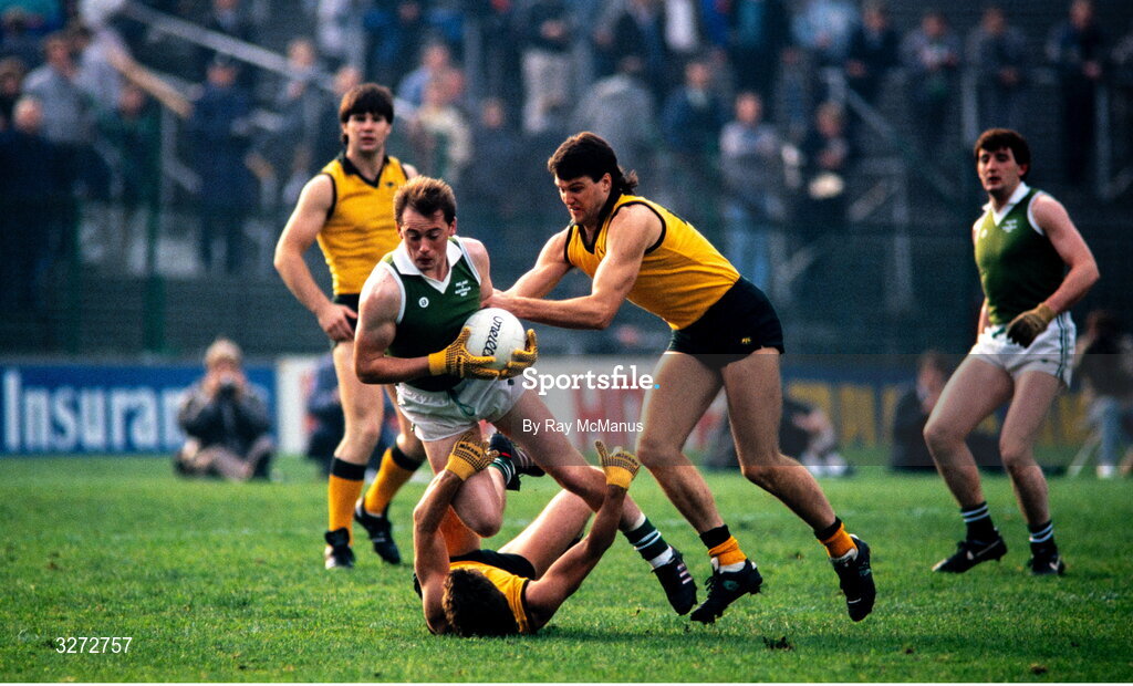 18 October 1987; Niall Cahalane of Ireland is tackled by Paul Ross, right, and Gary Pert of Australia during the International Rules Series First Test match between Ireland and Australia at Croke Park in Dublin. Photo by Ray McManus/Sportsfile