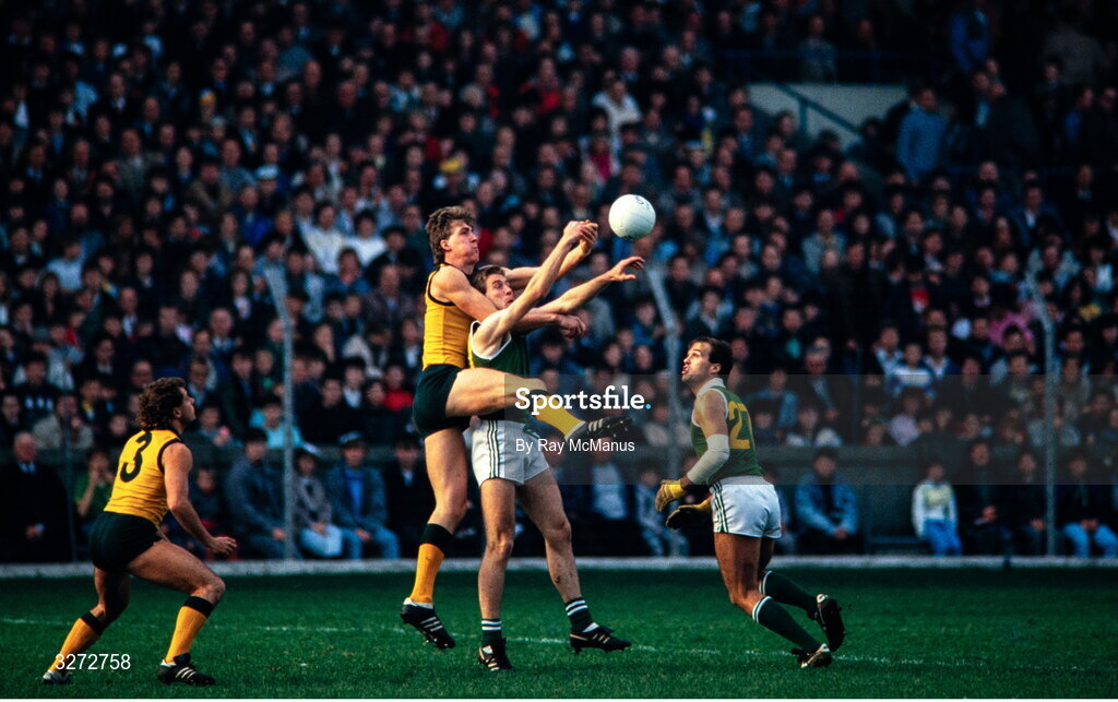 18 October 1987; Tom Spillane of Ireland in action against Jim Stynes of Australia during the International Rules Series First Test match between Ireland and Australia at Croke Park in Dublin. Photo by Ray McManus/Sportsfile