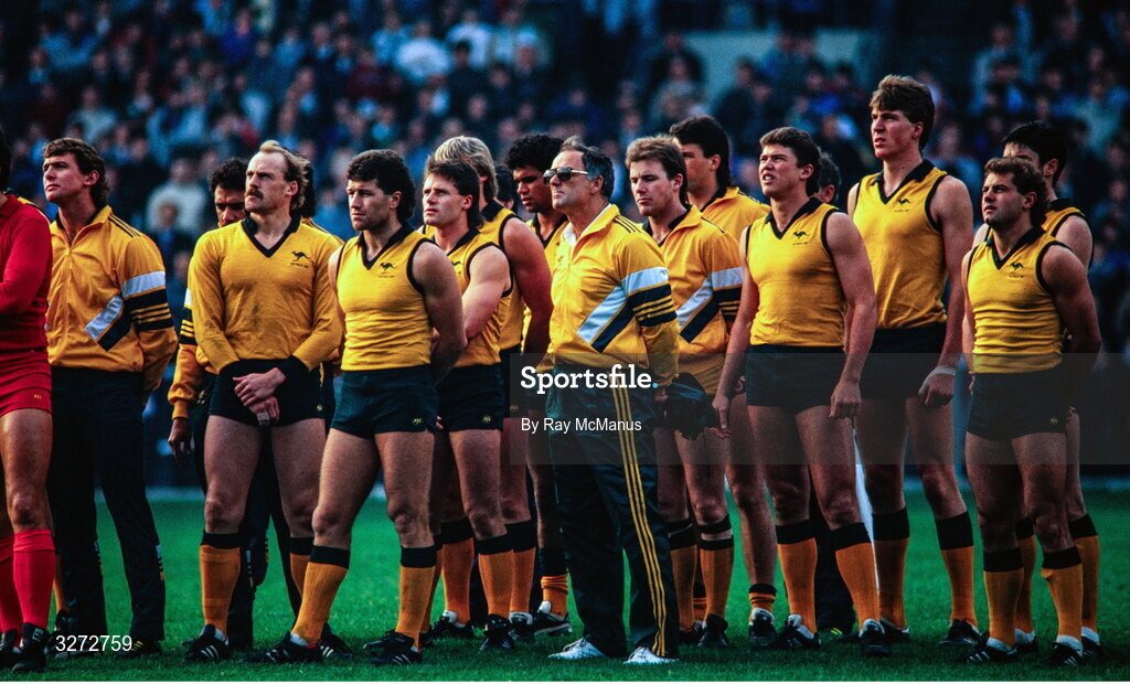 18 October 1987; The Australian national team, including coach Neil Kerley, centre, stand for the national anthem before the International Rules Series First Test match between Ireland and Australia at Croke Park in Dublin. Photo by Ray McManus/Sportsfile