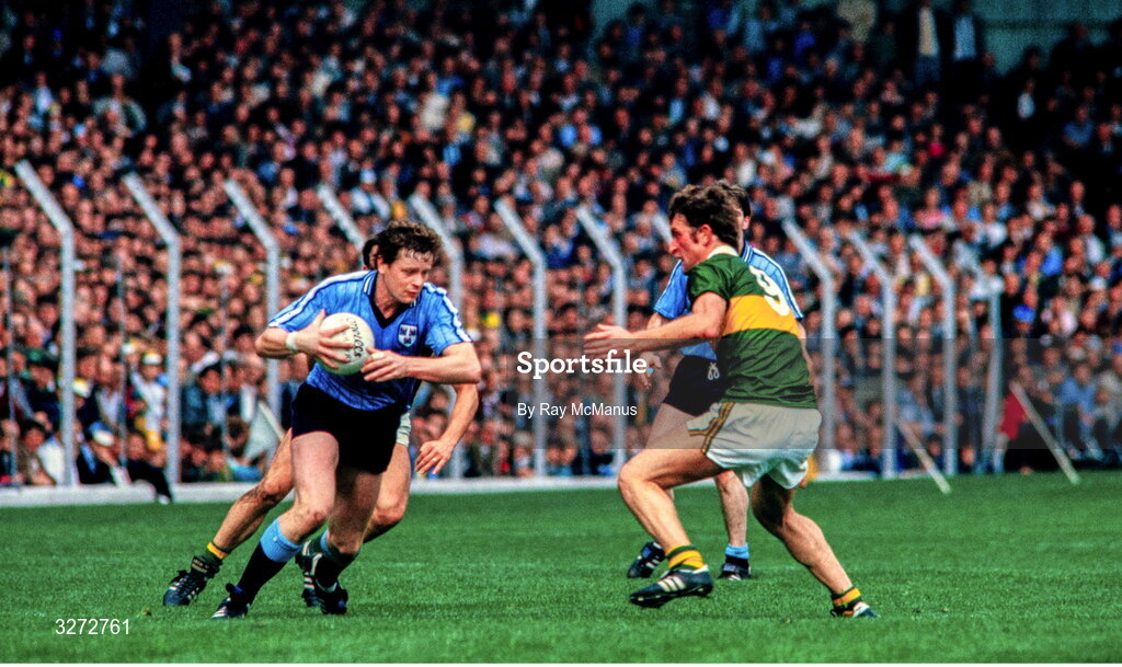 22 September 1985; Jim Ronayne of Dublin in action against Ambrose O'Donovan of Kerry during the All Ireland Football Championship Final match between Kerry and Dublin at Croke Park, Dublin. Photo by Ray McManus/Sportsfile