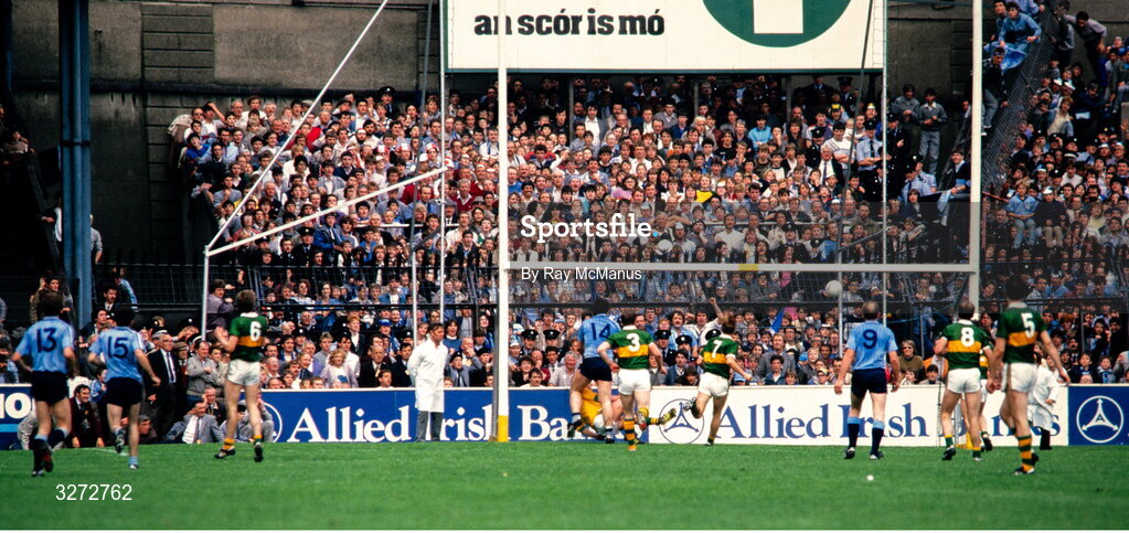 22 September 1985; Joe McNally of Dublin, 14, shoots to score his side's first goal during the All Ireland Football Championship Final match between Kerry and Dublin at Croke Park, Dublin. Photo by Ray McManus/Sportsfile