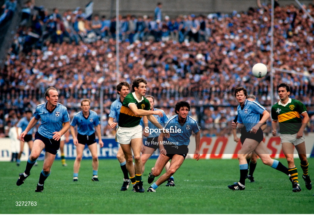 22 September 1985; Mick Spillane of Kerry passes the ball during the All Ireland Football Championship Final match between Kerry and Dublin at Croke Park, Dublin. Photo by Ray McManus/Sportsfile