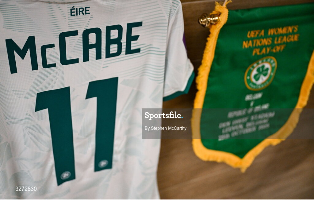28 October 2025; The jersey of Katie McCabe hangs in the Republic of Ireland dressing room before the UEFA Women's Nations League A/B promotion/relegation play-off second leg match between Belgium and Republic of Ireland at The King Power At Den Dreef Stadium in Leuven, Belgium. Photo by Stephen McCarthy/Sportsfile