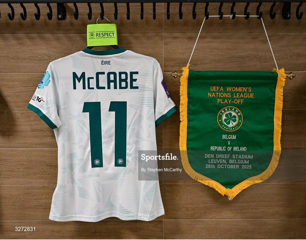 28 October 2025; The jersey of Katie McCabe hangs in the Republic of Ireland dressing room before the UEFA Women's Nations League A/B promotion/relegation play-off second leg match between Belgium and Republic of Ireland at The King Power At Den Dreef Stadium in Leuven, Belgium. Photo by Stephen McCarthy/Sportsfile
