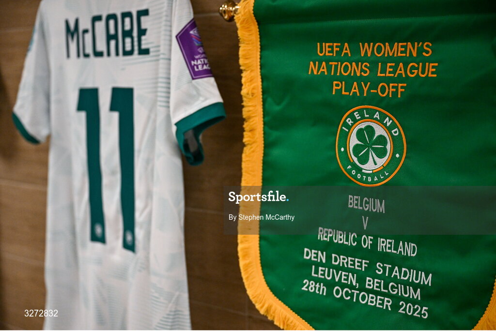28 October 2025; The jersey of Katie McCabe hangs in the Republic of Ireland dressing room before the UEFA Women's Nations League A/B promotion/relegation play-off second leg match between Belgium and Republic of Ireland at The King Power At Den Dreef Stadium in Leuven, Belgium. Photo by Stephen McCarthy/Sportsfile
