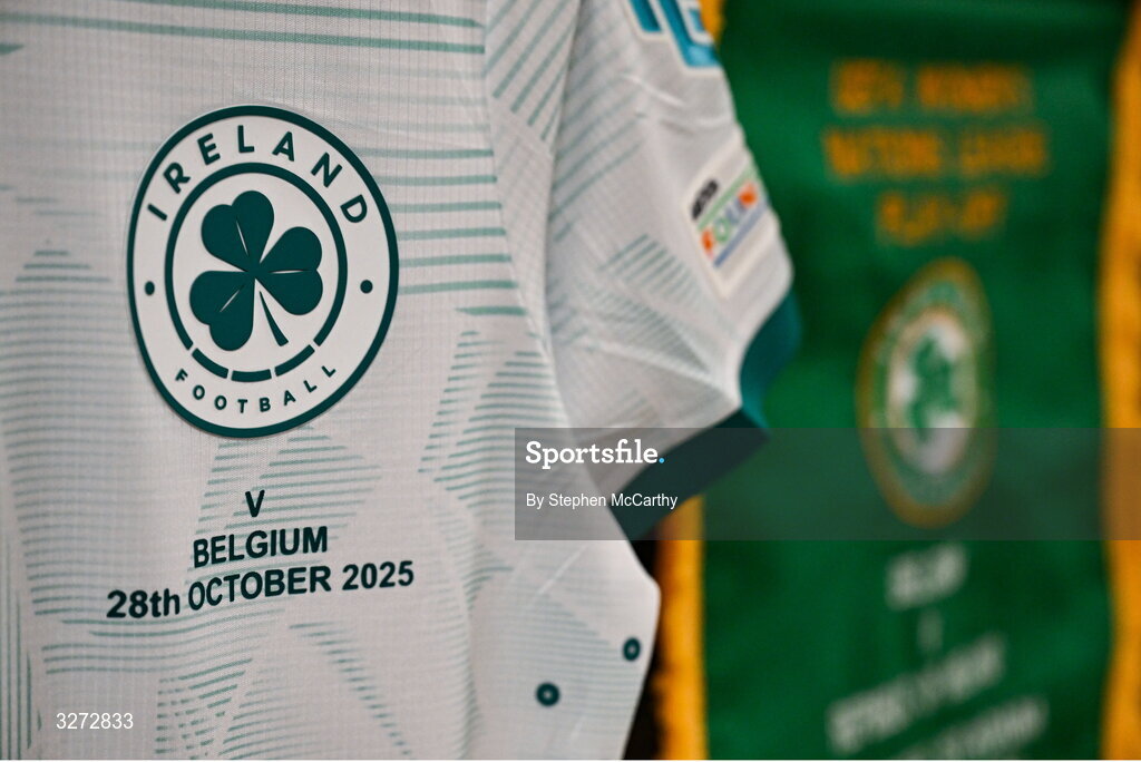 28 October 2025; The jersey of Katie McCabe hangs in the Republic of Ireland dressing room before the UEFA Women's Nations League A/B promotion/relegation play-off second leg match between Belgium and Republic of Ireland at The King Power At Den Dreef Stadium in Leuven, Belgium. Photo by Stephen McCarthy/Sportsfile