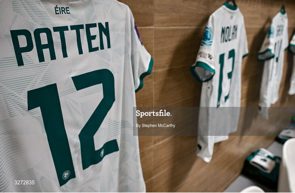 28 October 2025; The jersey of Anna Patten hangs in the Republic of Ireland dressing room before the UEFA Women's Nations League A/B promotion/relegation play-off second leg match between Belgium and Republic of Ireland at The King Power At Den Dreef Stadium in Leuven, Belgium. Photo by Stephen McCarthy/Sportsfile