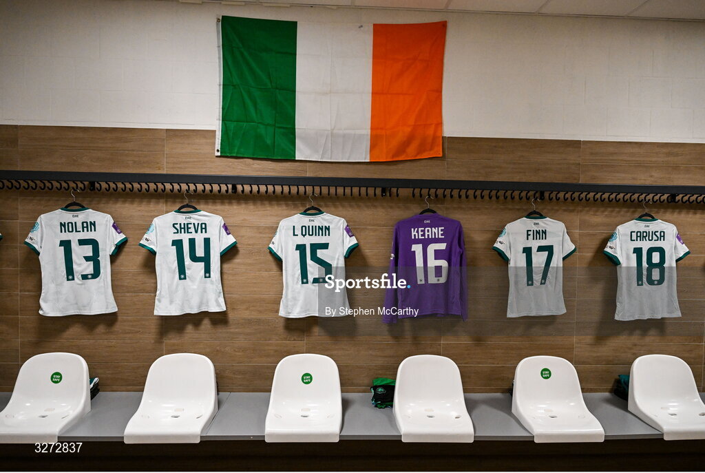 28 October 2025; A general view of inside the Republic of Ireland dressing room before the UEFA Women's Nations League A/B promotion/relegation play-off second leg match between Belgium and Republic of Ireland at The King Power At Den Dreef Stadium in Leuven, Belgium. Photo by Stephen McCarthy/Sportsfile