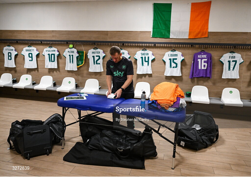 28 October 2025; Republic of Ireland equipment officer Barry Sanfey prepares their dressing room before the UEFA Women's Nations League A/B promotion/relegation play-off second leg match between Belgium and Republic of Ireland at The King Power At Den Dreef Stadium in Leuven, Belgium. Photo by Stephen McCarthy/Sportsfile