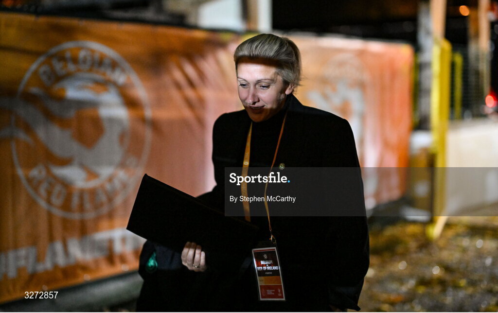 28 October 2025; Republic of Ireland head coach Carla Ward before the UEFA Women's Nations League A/B promotion/relegation play-off second leg match between Belgium and Republic of Ireland at The King Power At Den Dreef Stadium in Leuven, Belgium. Photo by Stephen McCarthy/Sportsfile