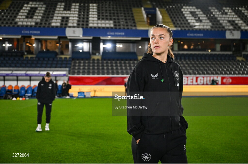 28 October 2025; Caitlin Hayes of Republic of Ireland before the UEFA Women's Nations League A/B promotion/relegation play-off second leg match between Belgium and Republic of Ireland at The King Power At Den Dreef Stadium in Leuven, Belgium. Photo by Stephen McCarthy/Sportsfile