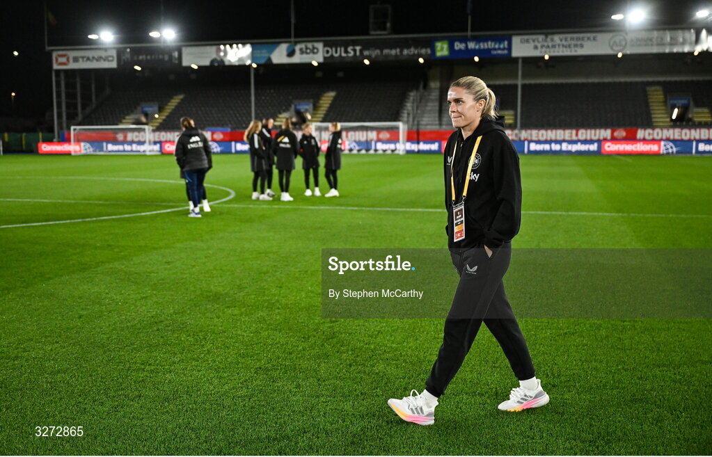 28 October 2025; Jamie Finn of Republic of Ireland before the UEFA Women's Nations League A/B promotion/relegation play-off second leg match between Belgium and Republic of Ireland at The King Power At Den Dreef Stadium in Leuven, Belgium. Photo by Stephen McCarthy/Sportsfile