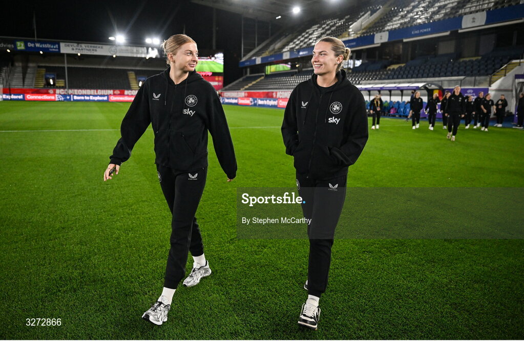 28 October 2025; Hayley Nolan, left, and Saoirse Noonan of Republic of Ireland before the UEFA Women's Nations League A/B promotion/relegation play-off second leg match between Belgium and Republic of Ireland at The King Power At Den Dreef Stadium in Leuven, Belgium. Photo by Stephen McCarthy/Sportsfile