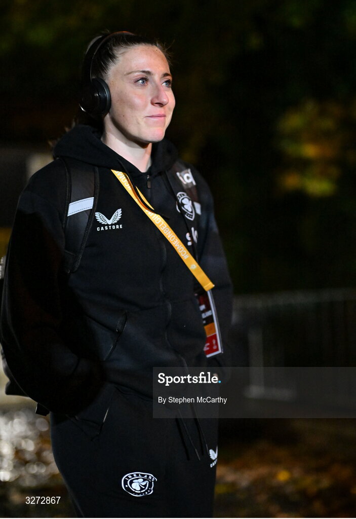 28 October 2025; Lucy Quinn of Republic of Ireland before the UEFA Women's Nations League A/B promotion/relegation play-off second leg match between Belgium and Republic of Ireland at The King Power At Den Dreef Stadium in Leuven, Belgium. Photo by Stephen McCarthy/Sportsfile