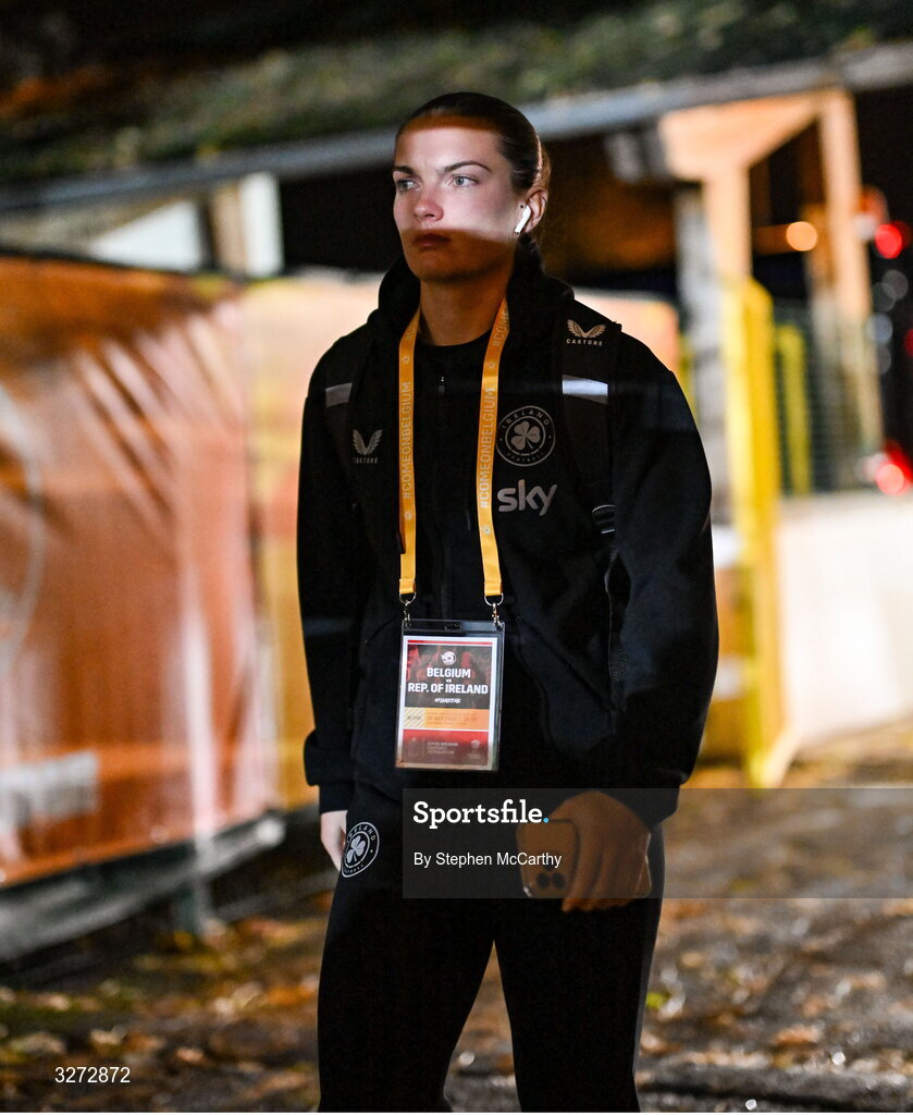 28 October 2025; Saoirse Noonan of Republic of Ireland before the UEFA Women's Nations League A/B promotion/relegation play-off second leg match between Belgium and Republic of Ireland at The King Power At Den Dreef Stadium in Leuven, Belgium. Photo by Stephen McCarthy/Sportsfile