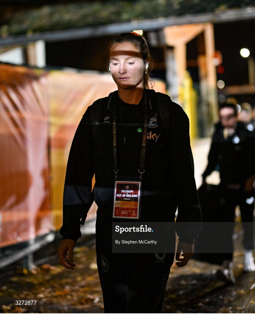 28 October 2025; Kyra Carusa of Republic of Ireland before the UEFA Women's Nations League A/B promotion/relegation play-off second leg match between Belgium and Republic of Ireland at The King Power At Den Dreef Stadium in Leuven, Belgium. Photo by Stephen McCarthy/Sportsfile