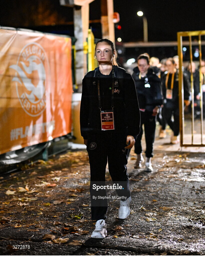 28 October 2025; Kyra Carusa of Republic of Ireland before the UEFA Women's Nations League A/B promotion/relegation play-off second leg match between Belgium and Republic of Ireland at The King Power At Den Dreef Stadium in Leuven, Belgium. Photo by Stephen McCarthy/Sportsfile