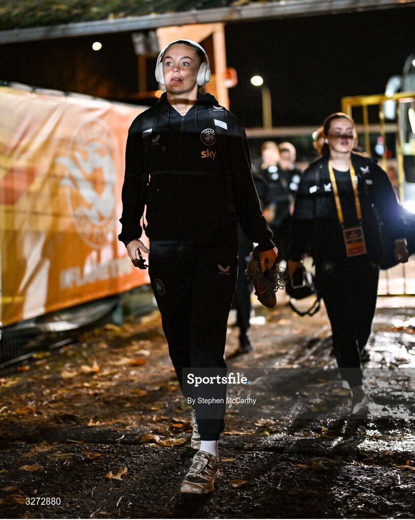 28 October 2025; Caitlin Hayes of Republic of Ireland before the UEFA Women's Nations League A/B promotion/relegation play-off second leg match between Belgium and Republic of Ireland at The King Power At Den Dreef Stadium in Leuven, Belgium. Photo by Stephen McCarthy/Sportsfile