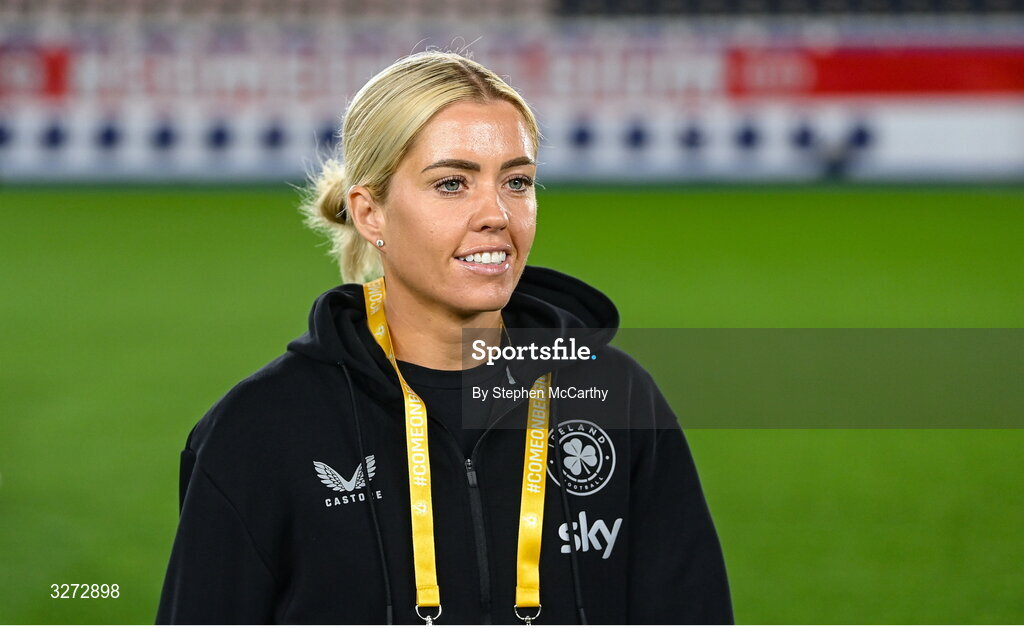28 October 2025; Denise O’Sullivan of Republic of Ireland before the UEFA Women's Nations League A/B promotion/relegation play-off second leg match between Belgium and Republic of Ireland at The King Power At Den Dreef Stadium in Leuven, Belgium. Photo by Stephen McCarthy/Sportsfile