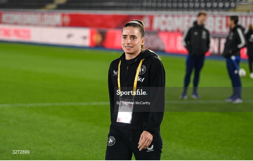 28 October 2025; Chloe Mustaki of Republic of Ireland before the UEFA Women's Nations League A/B promotion/relegation play-off second leg match between Belgium and Republic of Ireland at The King Power At Den Dreef Stadium in Leuven, Belgium. Photo by Stephen McCarthy/Sportsfile