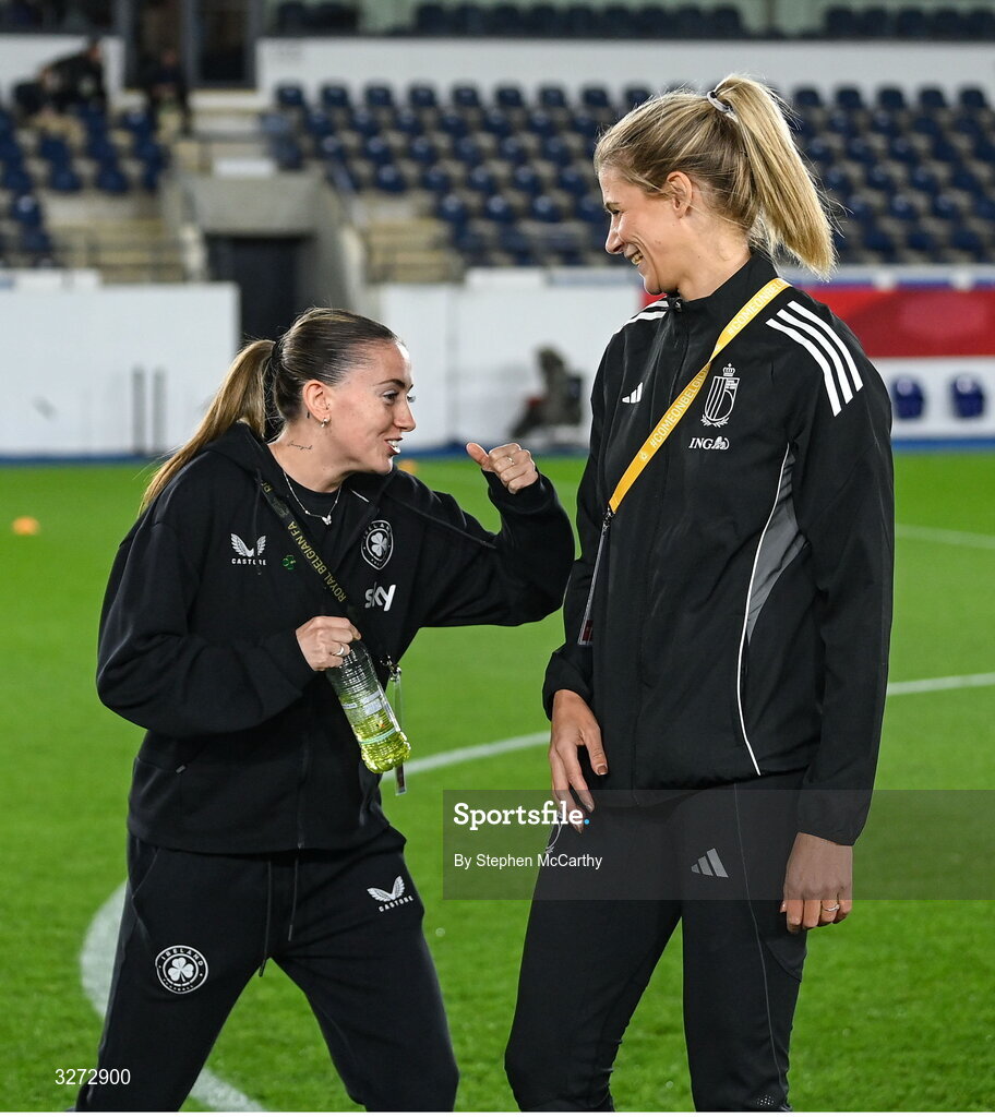 28 October 2025; Abbie Larkin of Republic of Ireland, left, in conversation with her Crystal Place teammate Justine Vanhaevermaet of Belgium before the UEFA Women's Nations League A/B promotion/relegation play-off second leg match between Belgium and Republic of Ireland at The King Power At Den Dreef Stadium in Leuven, Belgium. Photo by Stephen McCarthy/Sportsfile